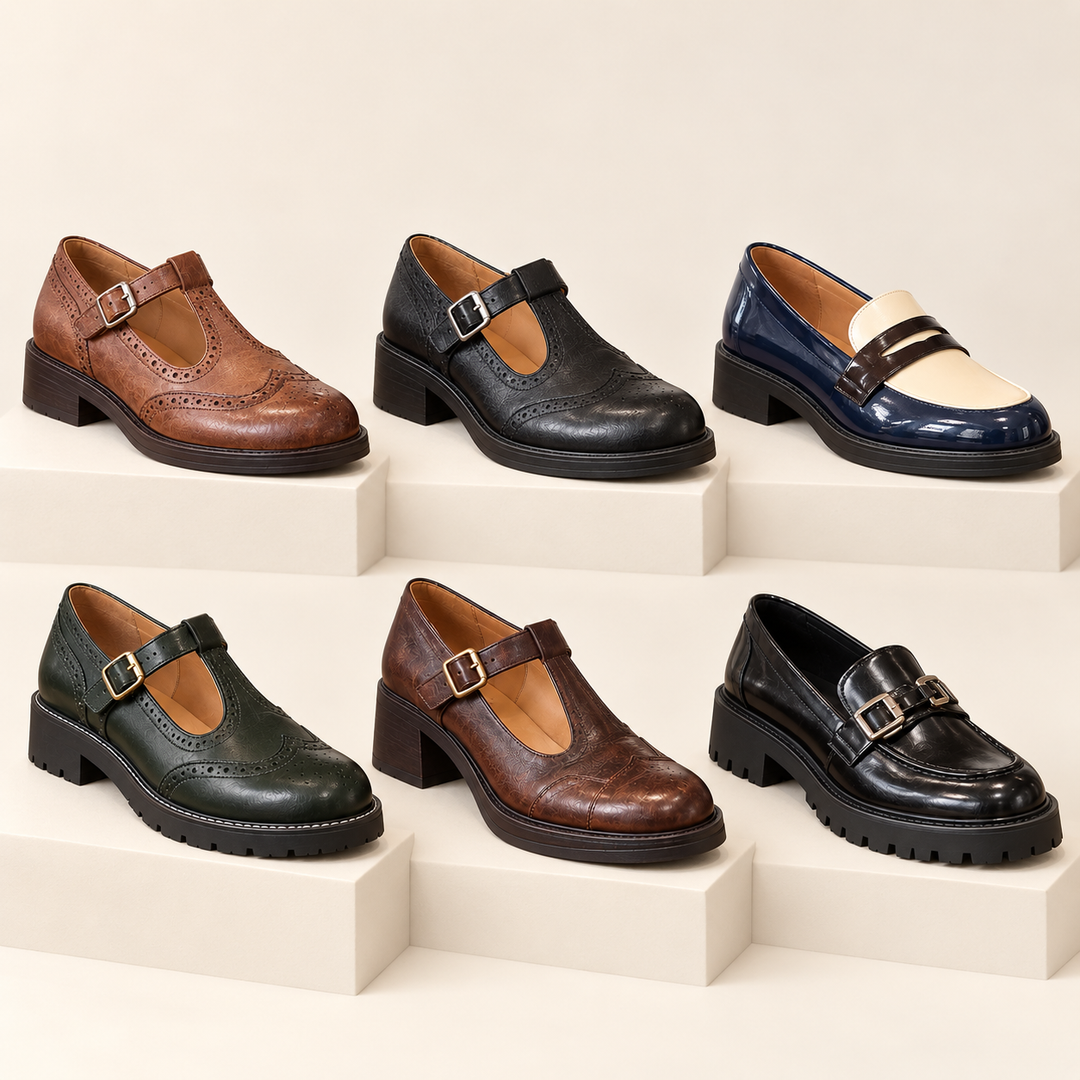 Autumn loafers and Mary Janes arranged on a clean warm off-white studio background