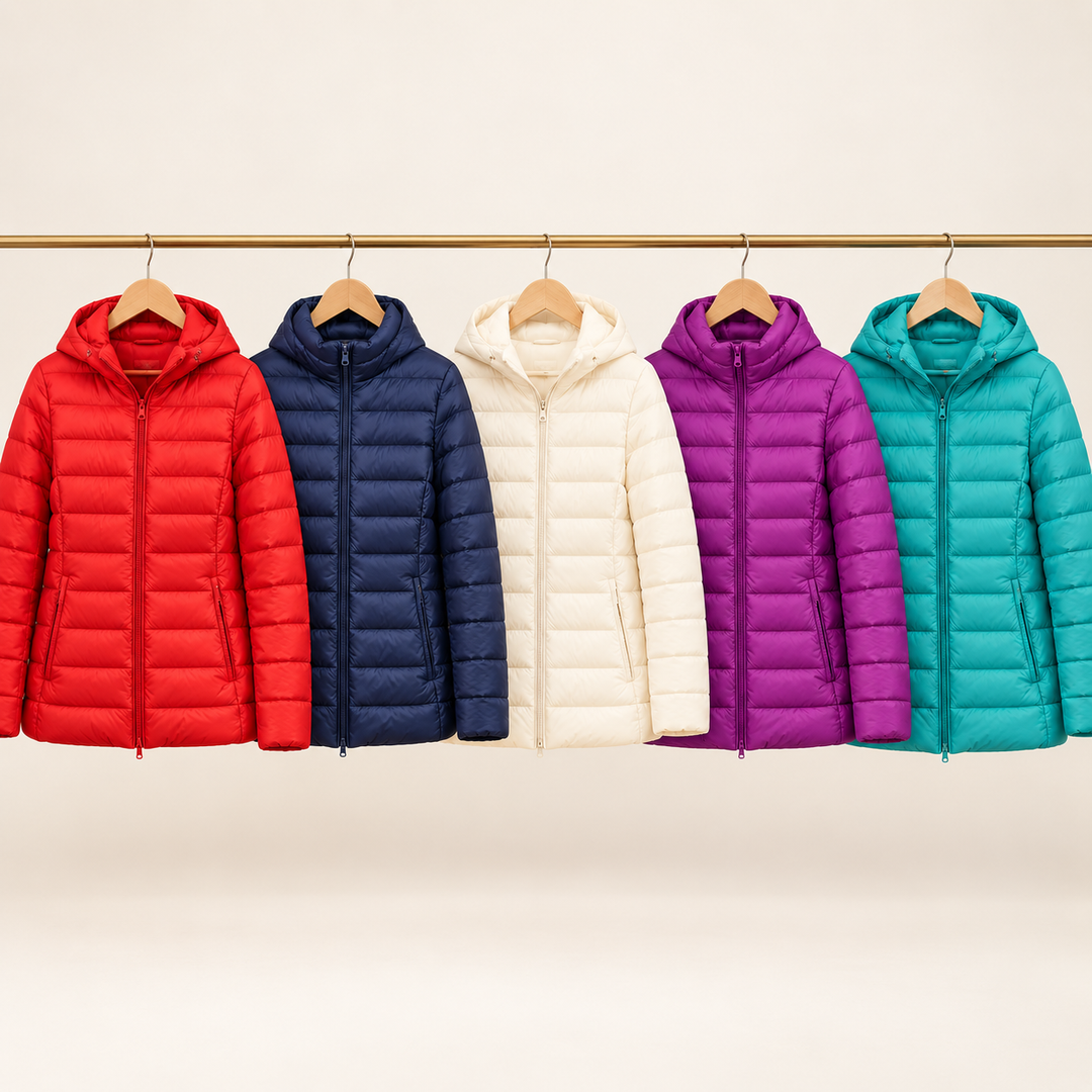 Five autumn padded jackets on a clean warm off-white studio background