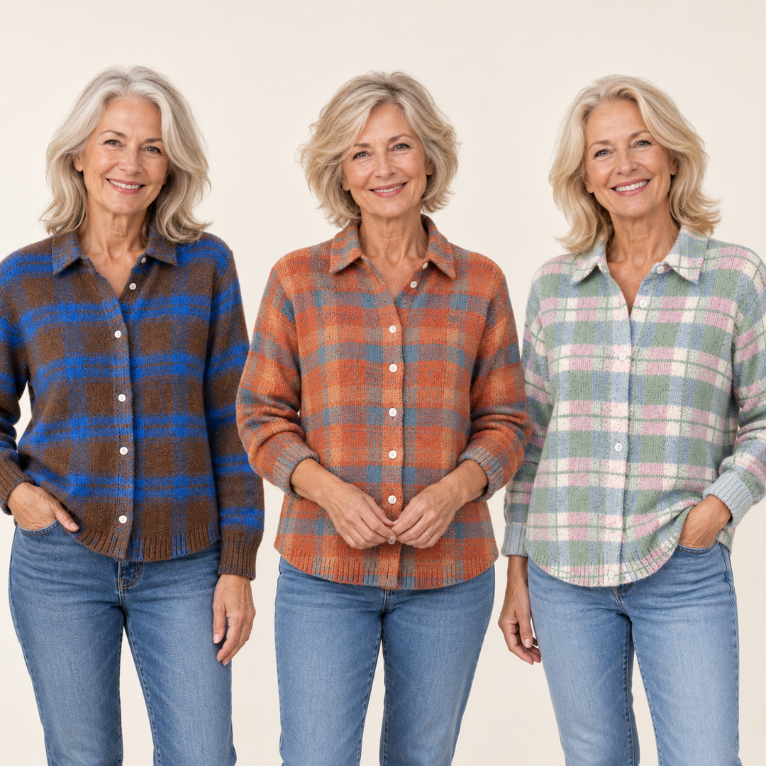 Three mature British women wearing cosy checked shirts on a clean warm off-white studio background