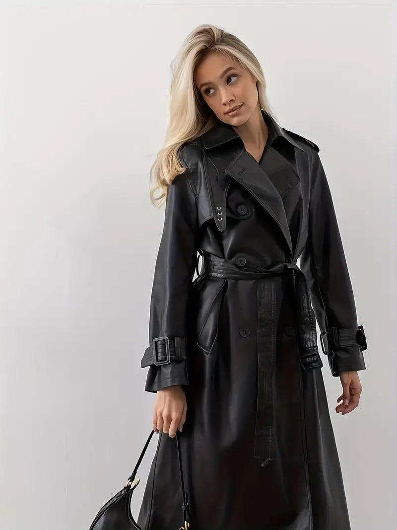 Women's Faux Leather Belted Trench Coat