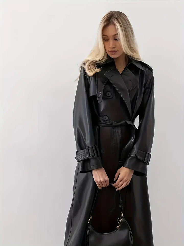 Women's Faux Leather Belted Trench Coat