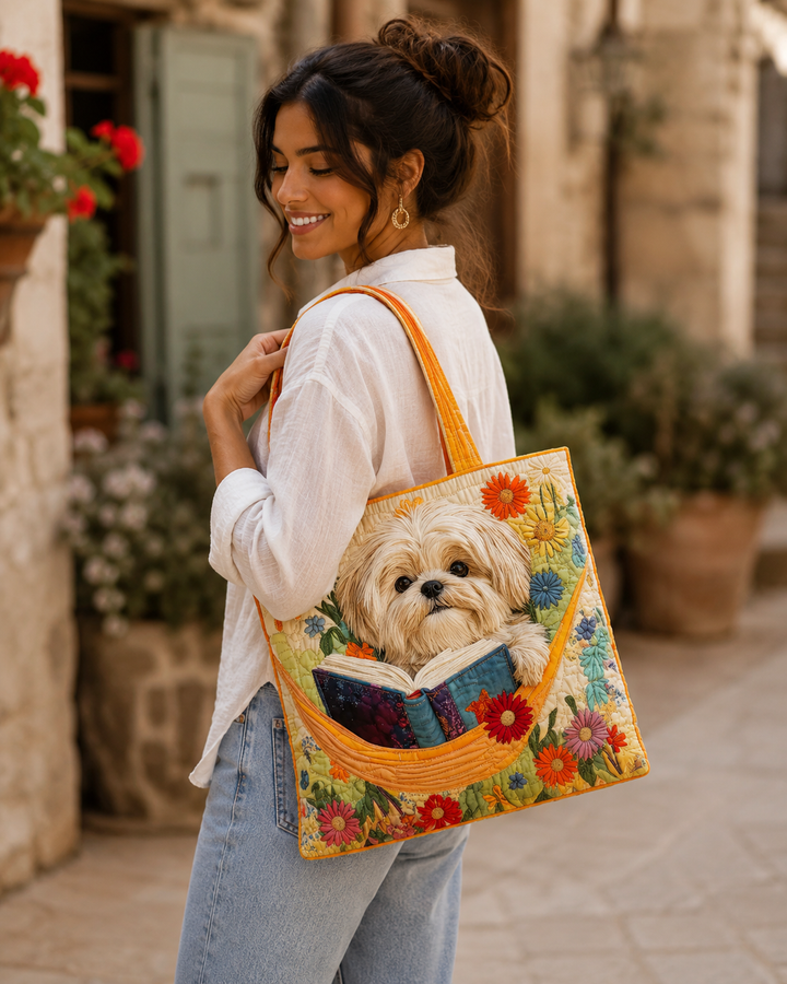 Handcrafted Shih Tzu Bag Featuring Books and Flowers