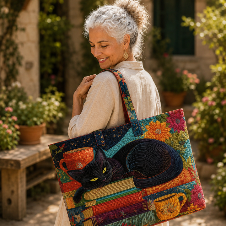 Artisan Tote - Black Cat Surrounded by Books and Mugs