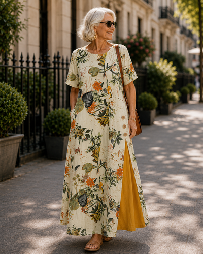 Maurene – Botanical Floral Print | Casual Long Linen Effect Dress