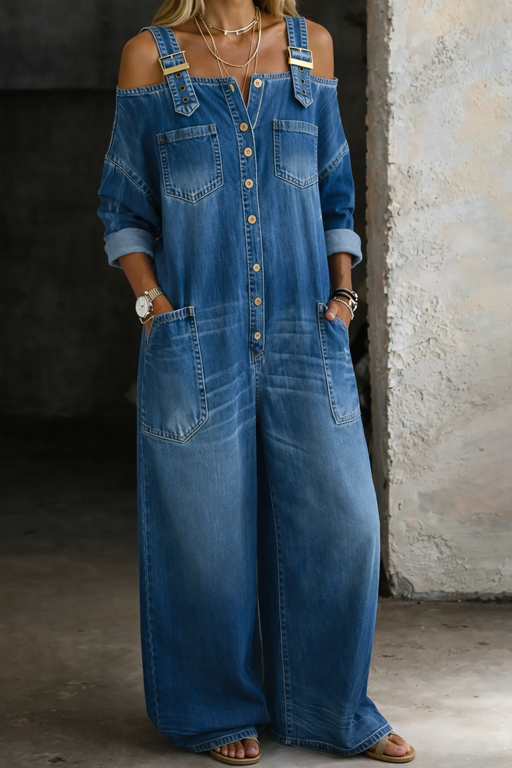 Sophia | Denim Dungaree with Off-Shoulder Design