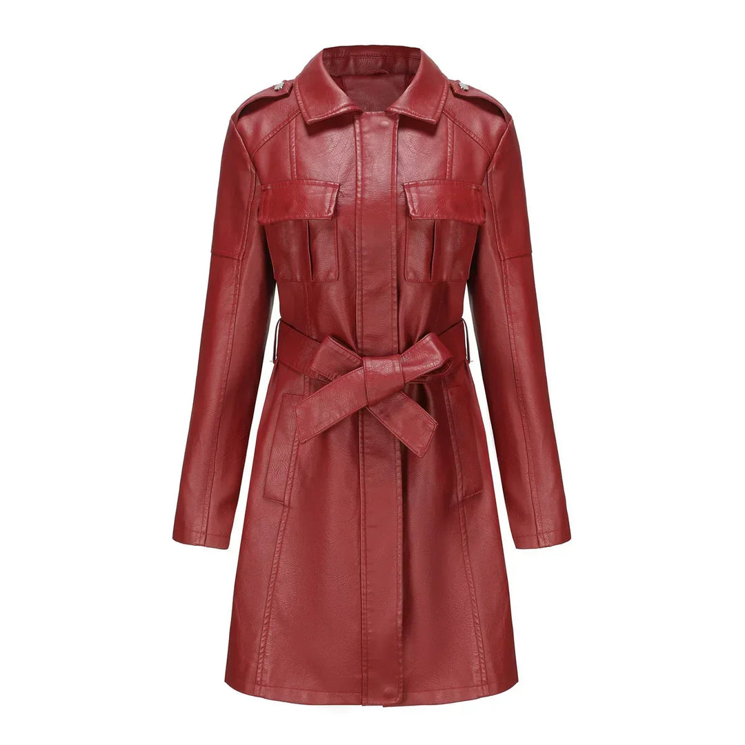 Women's Long Faux Leather Coat with Pockets