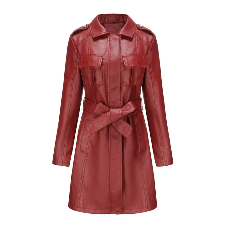 Women's Long Faux Leather Coat with Pockets