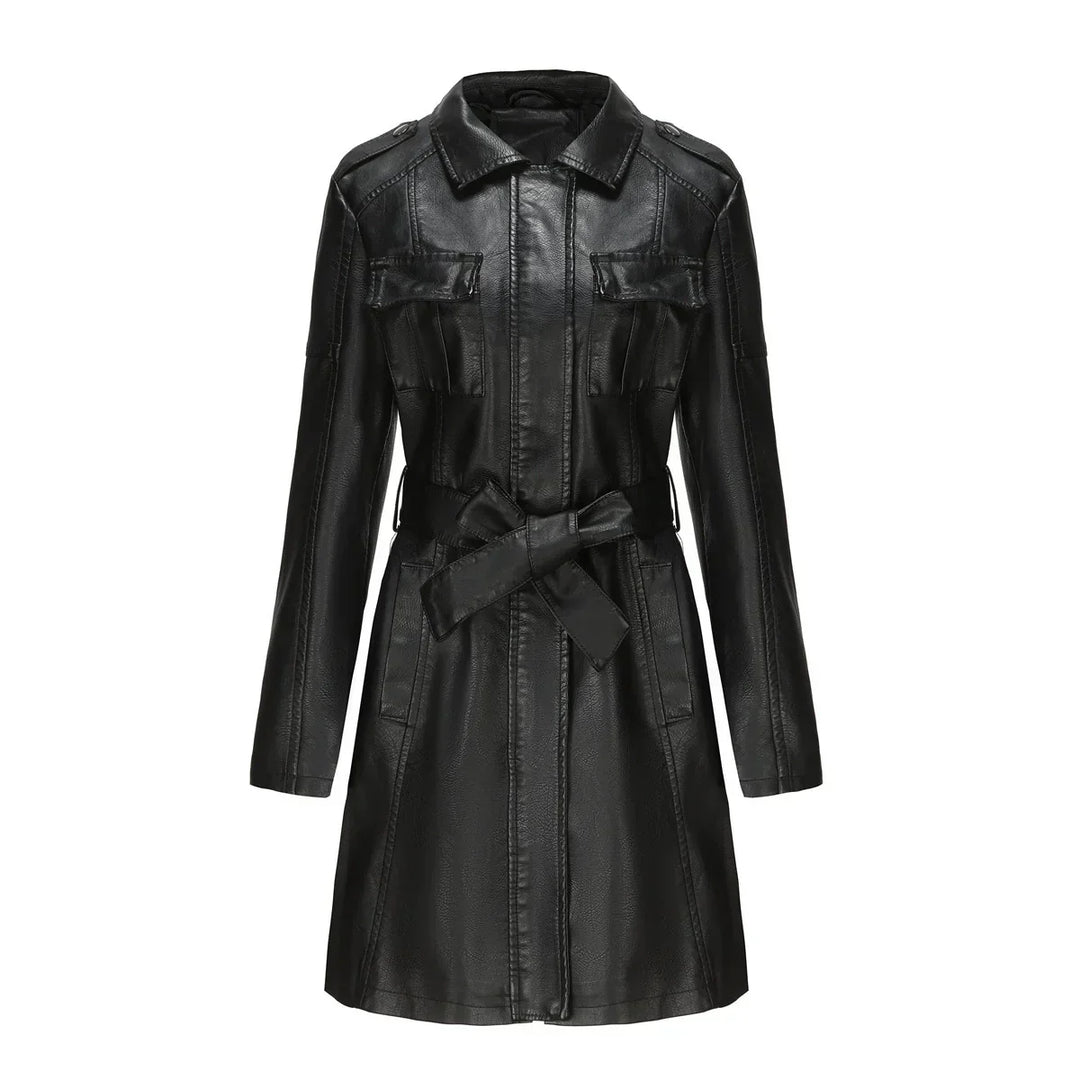 Women's Long Faux Leather Coat with Pockets
