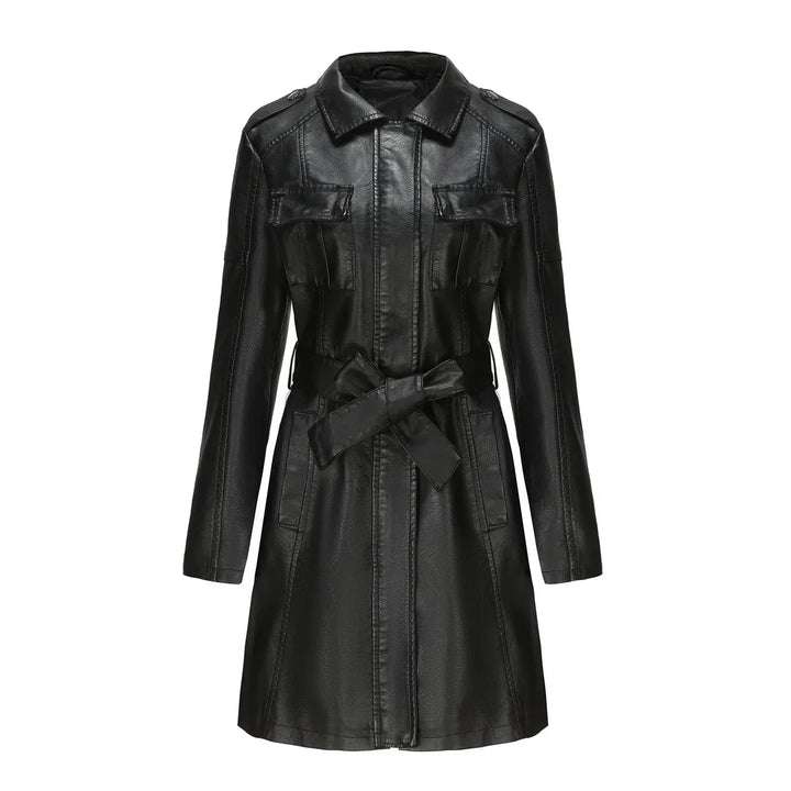 Women's Long Faux Leather Coat with Pockets