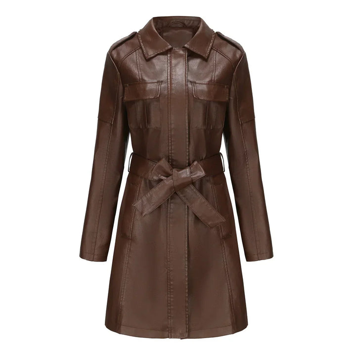 Women's Long Faux Leather Coat with Pockets