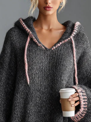 EIRYA LOOSE-FITTING HOODED PINK-TRIMMED KNITTED MINI DRESS