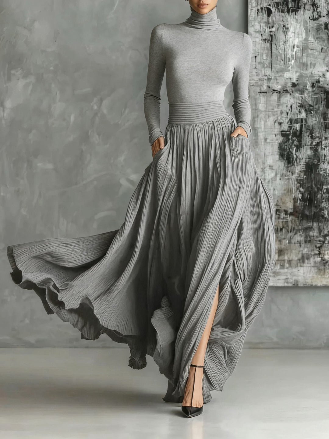 Fashion All Black Skinny Turtleneck T-shirt Pleated Skirt Set