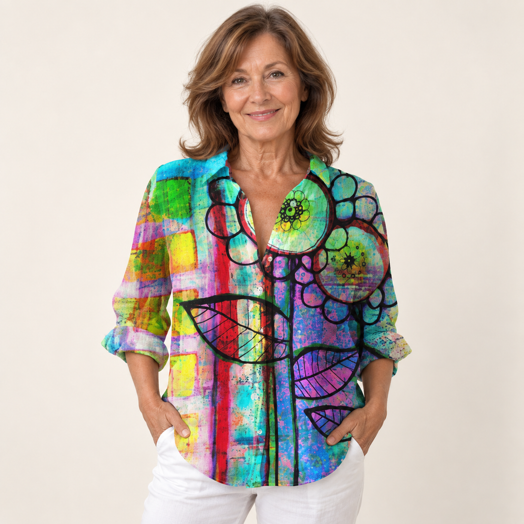 Ailbhe vibrant blouse on mature model, front view