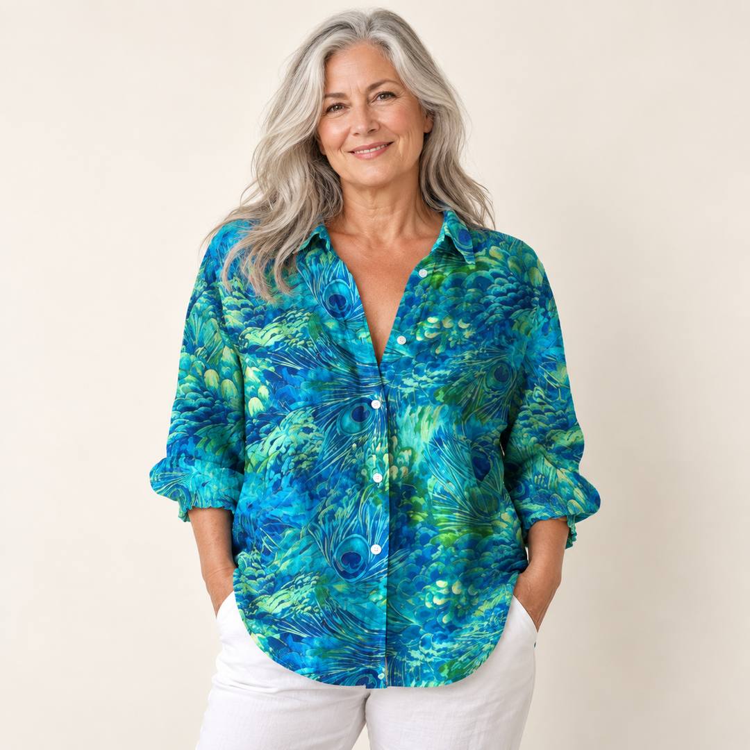 Aingeal feather-print blouse on mature model, front view