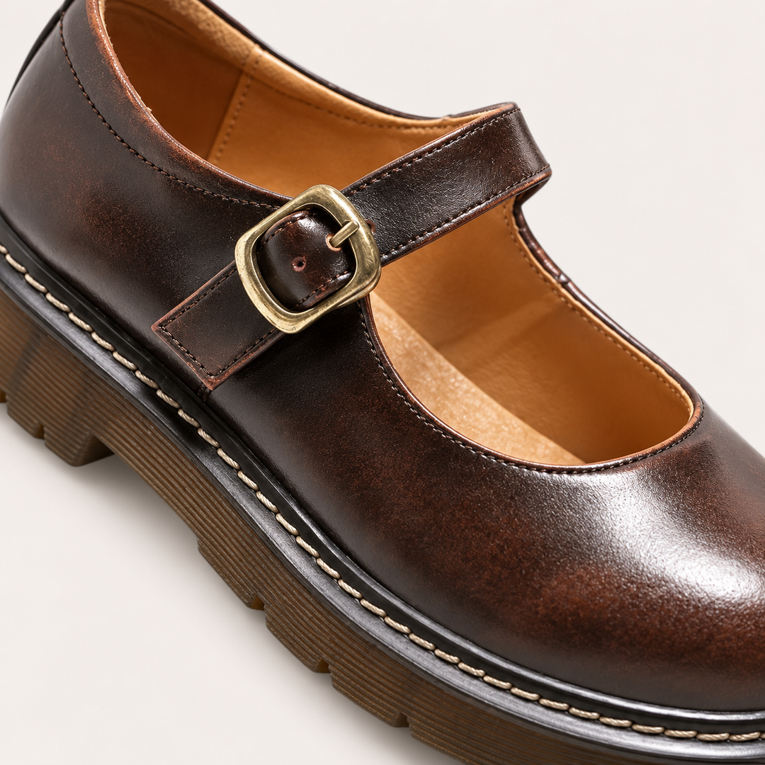 Allegra brown platform Mary Jane shoe, buckle and sole detail