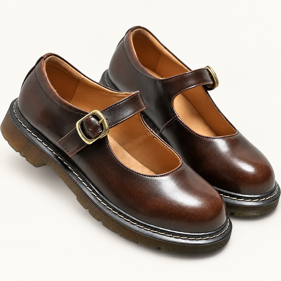Allegra brown platform Mary Jane shoes, clean isolated front three-quarter