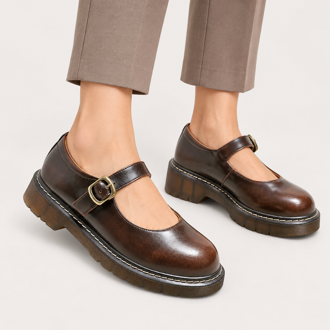 Allegra brown platform Mary Jane shoes worn, product-focused main view
