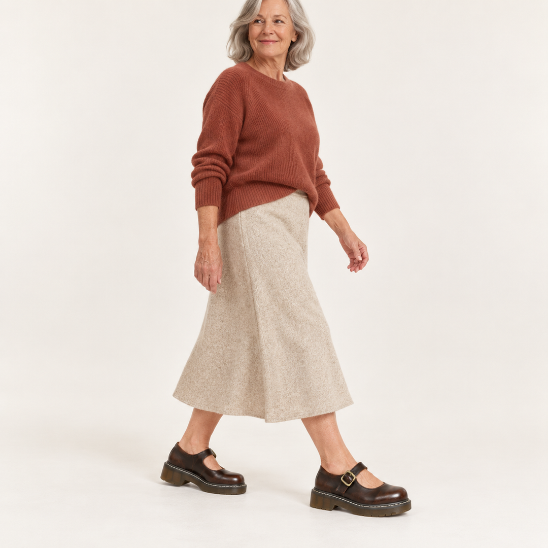 Allegra brown platform Mary Jane shoes worn by a mature woman, walking view