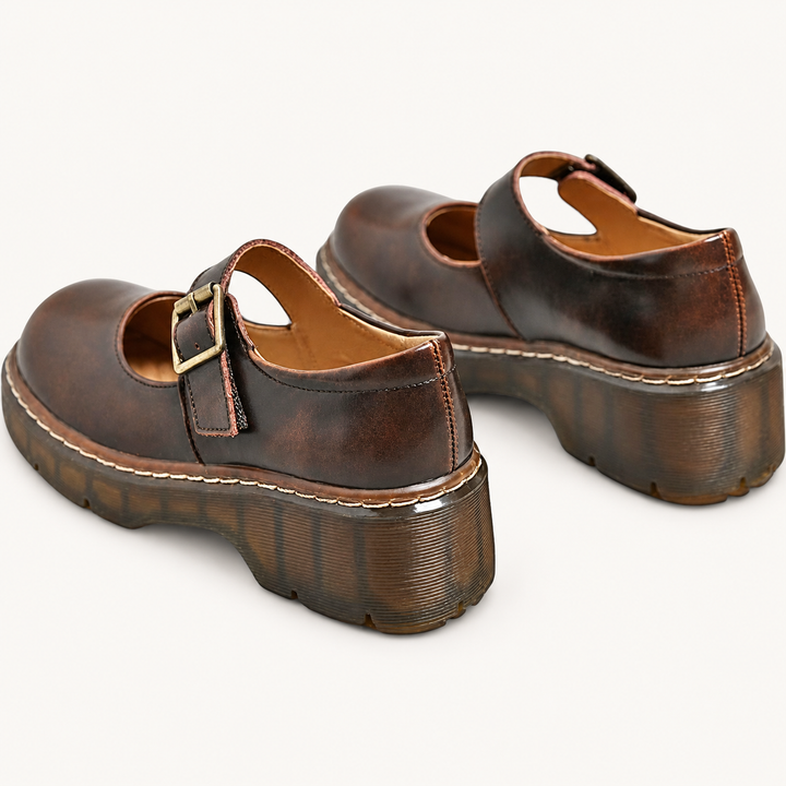 Allegra brown platform Mary Jane shoes, clean rear three-quarter