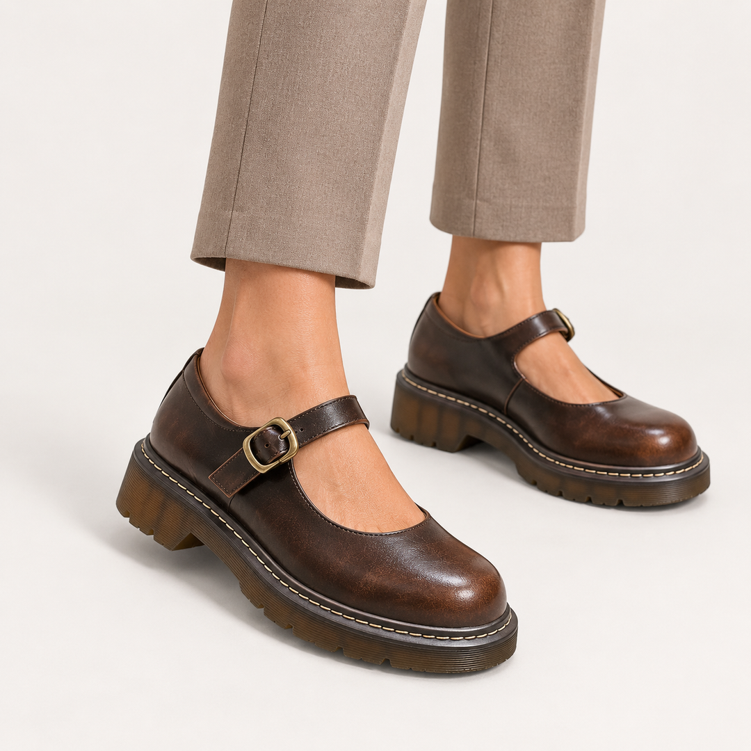 Allegra brown platform Mary Jane shoes worn, three-quarter view