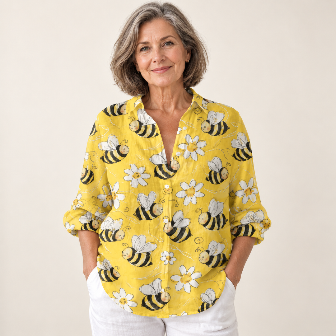 Aobhnait yellow floral blouse on mature model, front view