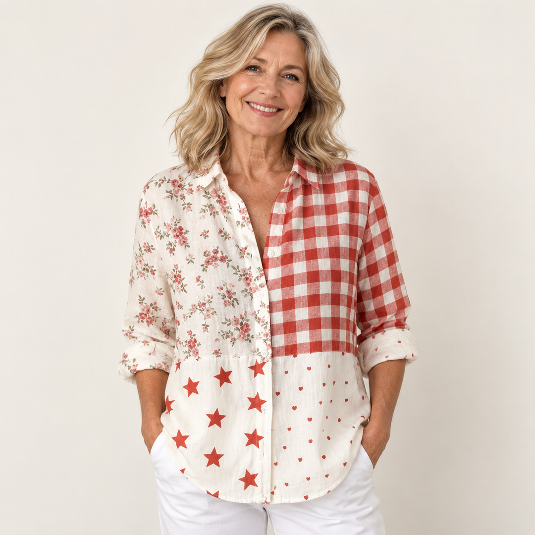 Aoibhfhinn printed blouse on mature model, front view
