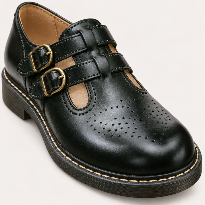 Aurora retro shoes, buckle and brogue leather detail
