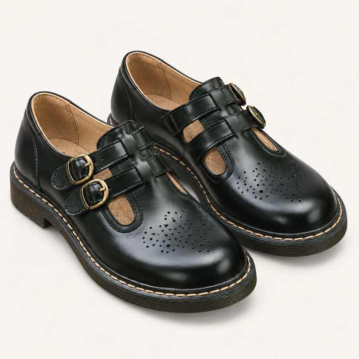 Aurora retro double-buckle shoes, isolated front three-quarter view