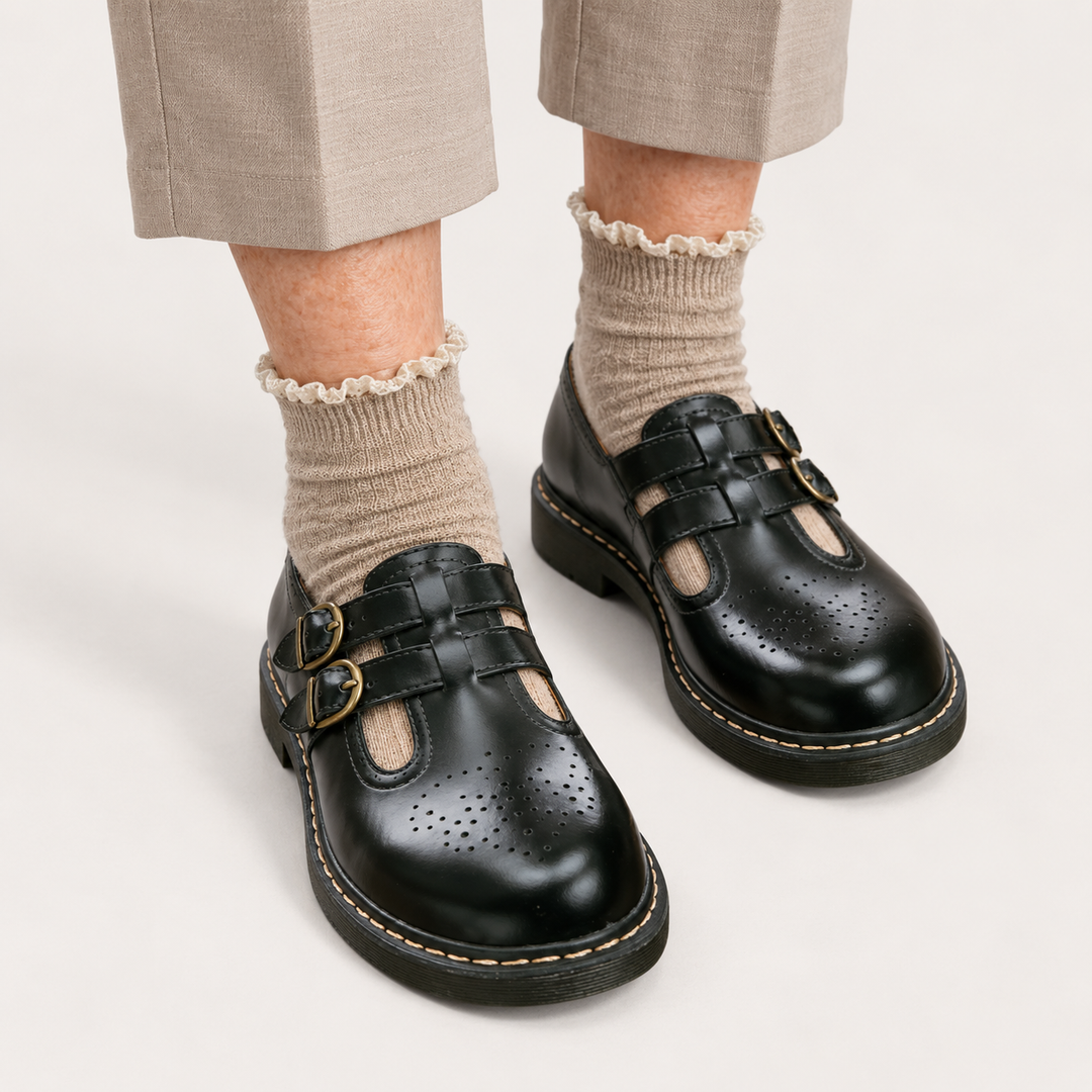 Aurora retro double-buckle shoes worn, close product view