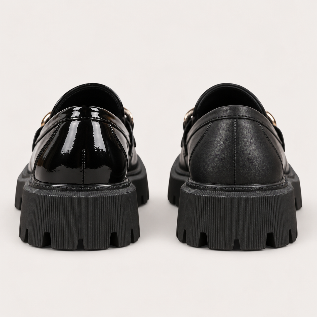 Beatrice glossy and matte black loafers, rear heel comparison