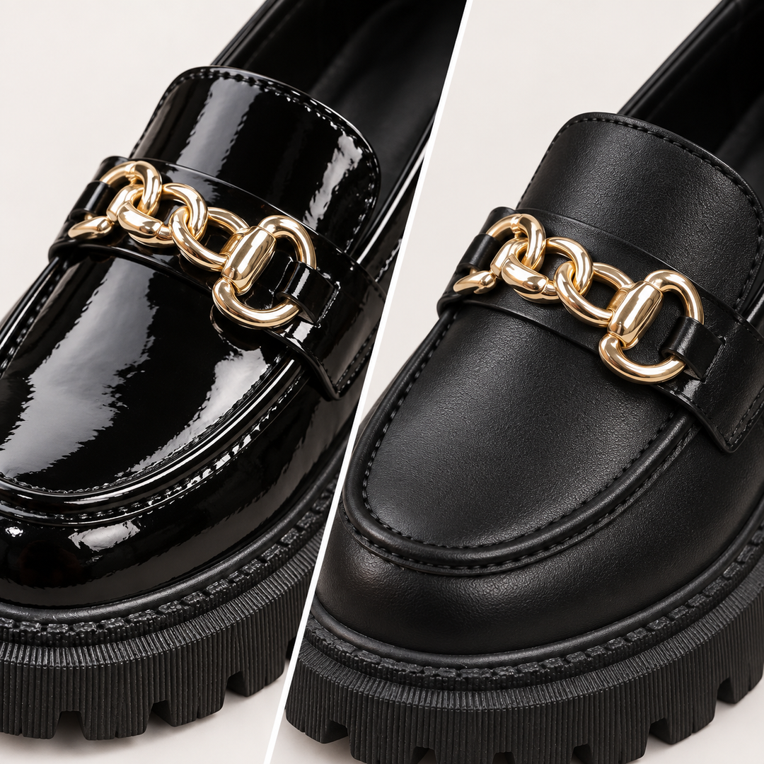 Beatrice glossy and matte loafers, gold chain and leather detail