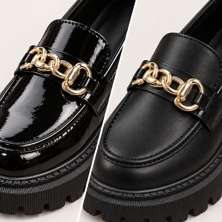 Beatrice glossy and matte loafers, gold chain and leather detail
