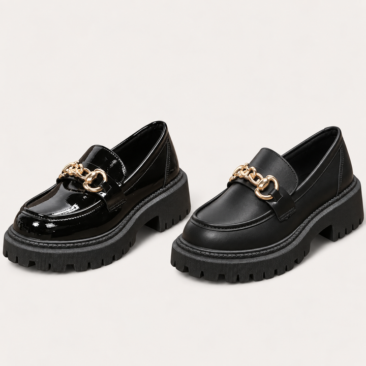 Beatrice glossy Black and Matte Black loafers, isolated comparison