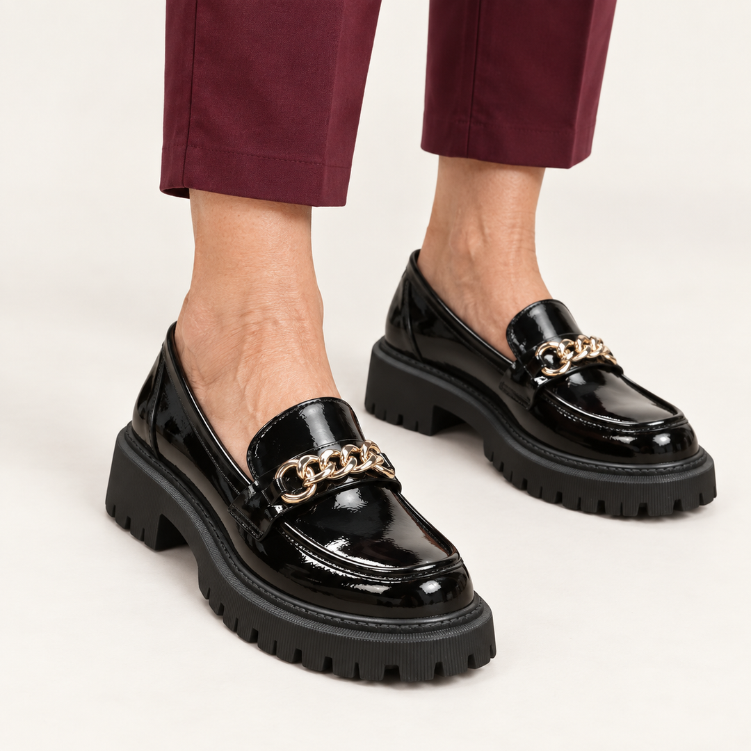 Beatrice glossy Black loafers worn, close product view