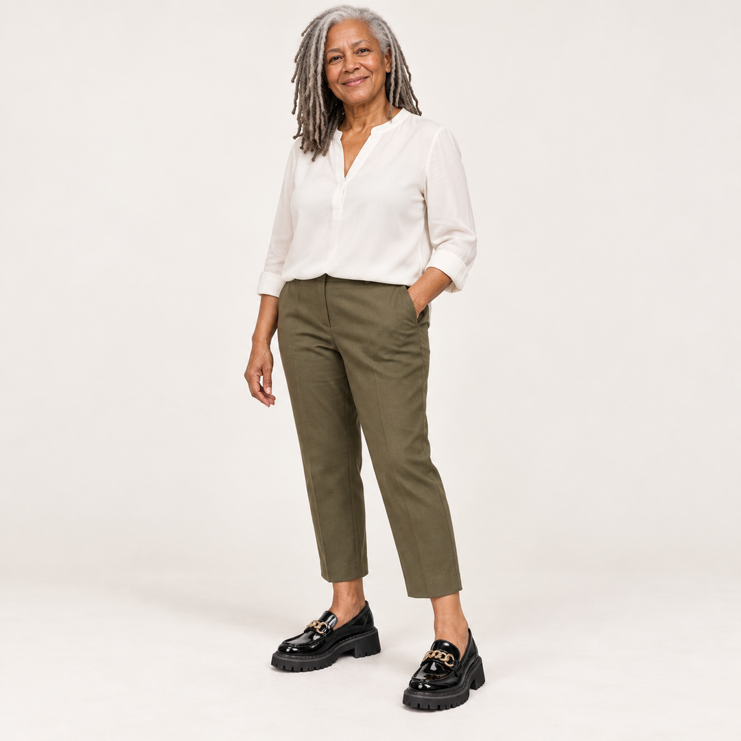 Beatrice glossy Black loafers worn by a mature British woman