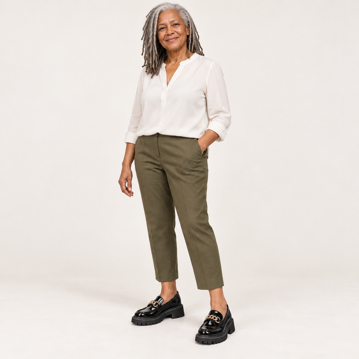 Beatrice glossy Black loafers worn by a mature British woman