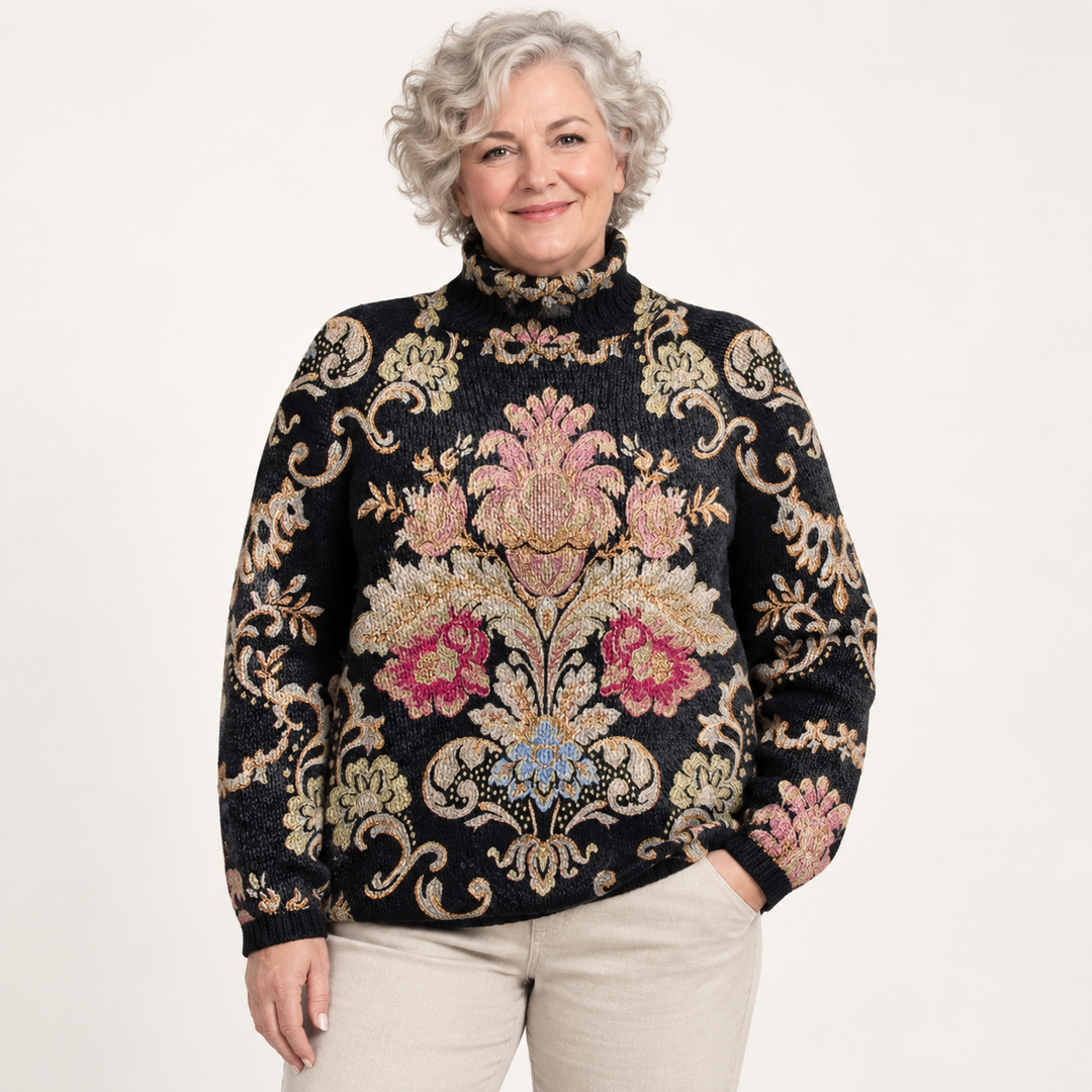 Benedicta artistic knit jumper on a mature model