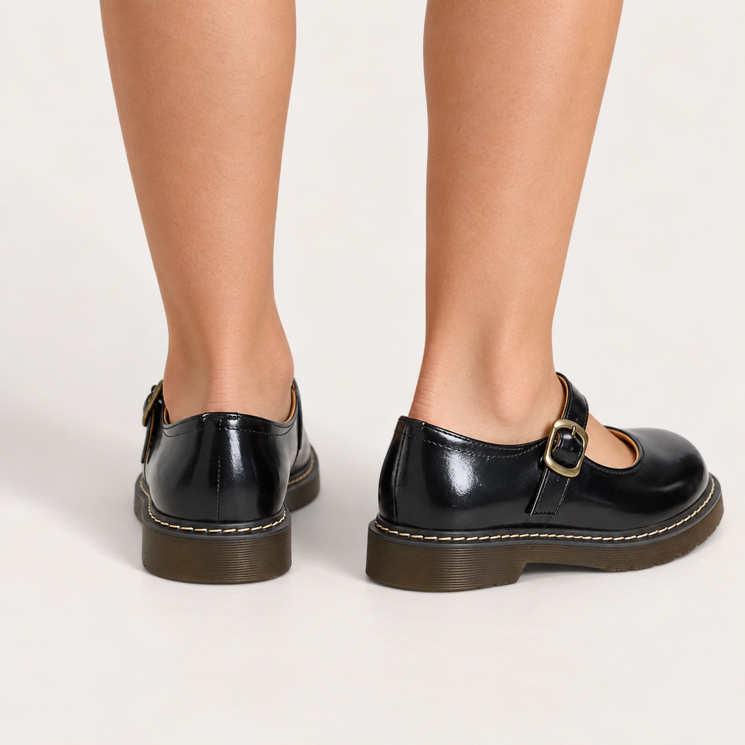 Bianca black Mary Jane shoes, rear and heel view