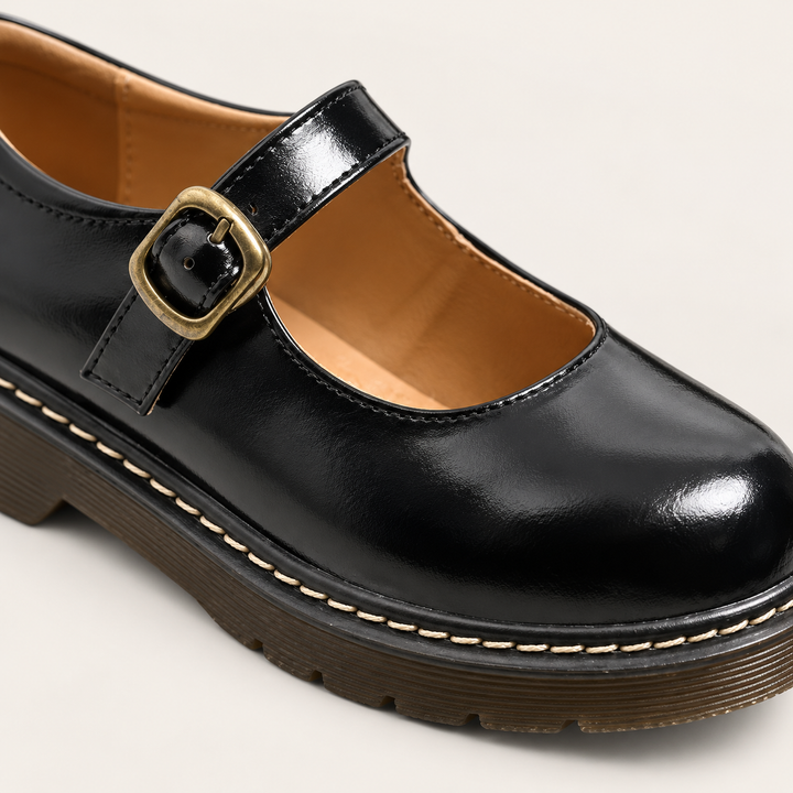 Bianca black Mary Jane shoe, buckle and contrast stitching detail
