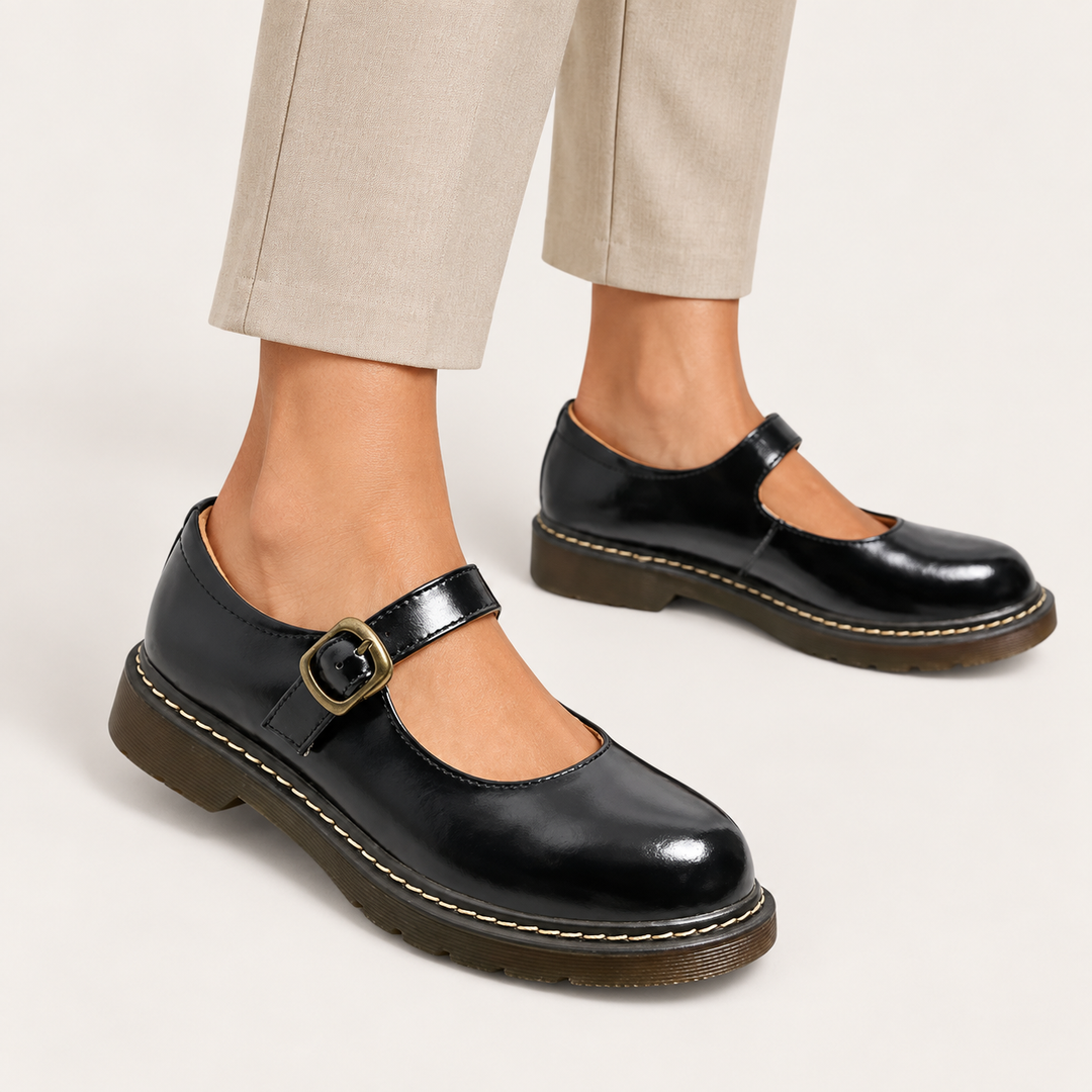 Bianca black Mary Jane shoes worn, product-focused main view