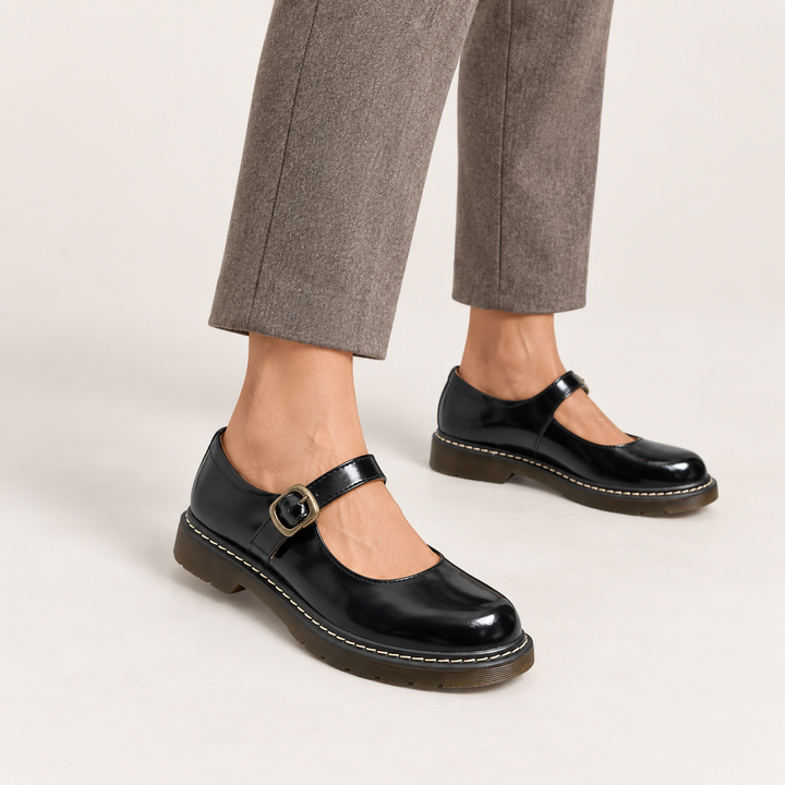 Bianca black Mary Jane shoes worn, three-quarter view