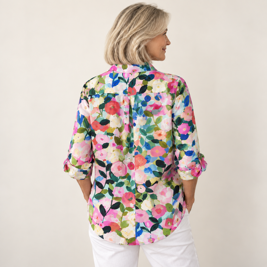 Bláithín colourful floral shirt on a mature model, back view