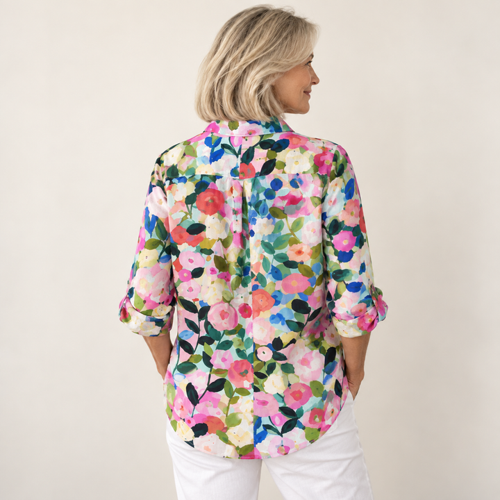 Bláithín colourful floral shirt on a mature model, back view