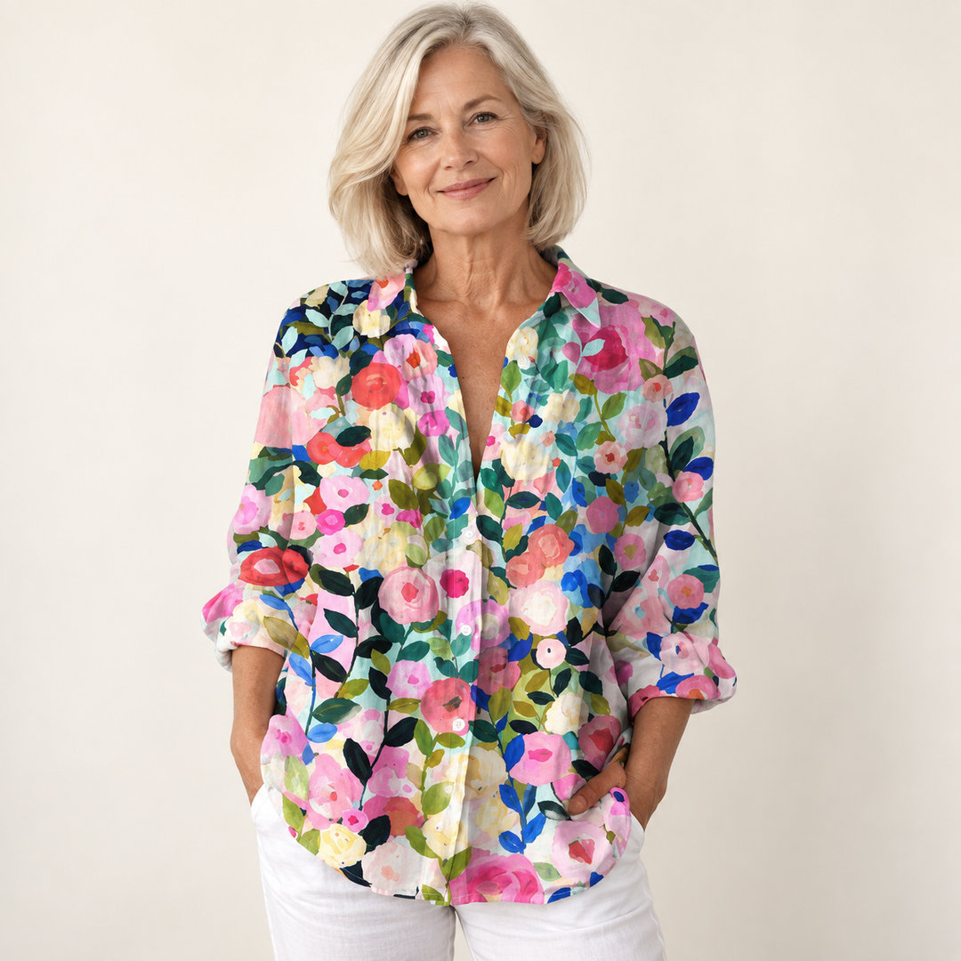Bláithín floral blouse on a mature model, front view