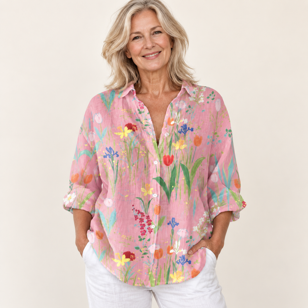 Bláthnaid blossom print blouse on mature model, front view