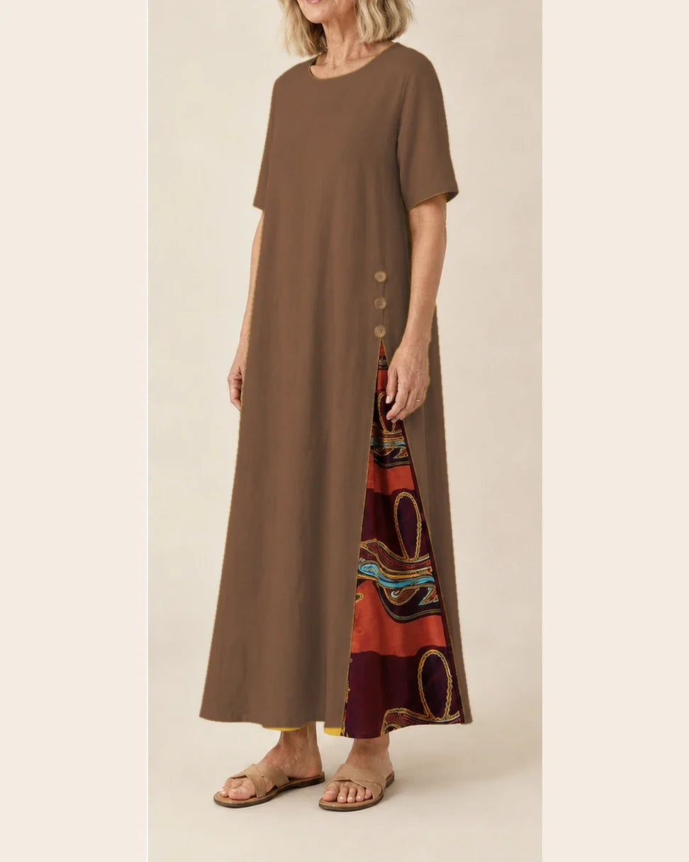 Maurene – Brown | Casual Long Dress with Linen Effect
