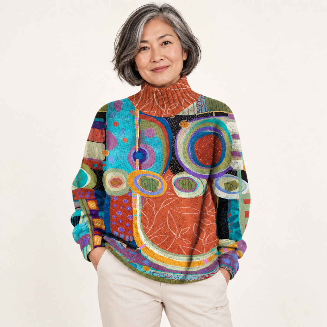 Catherine artistic knit jumper on a mature model