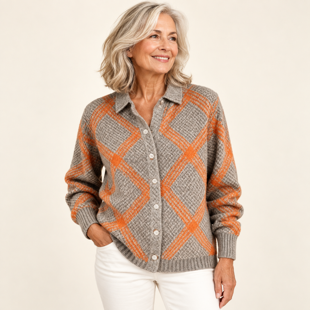 CHRISTELLE checked blouse — clean studio context on mature model