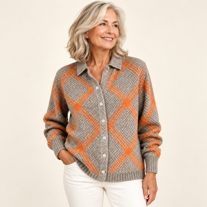 CHRISTELLE checked blouse — clean studio context on mature model