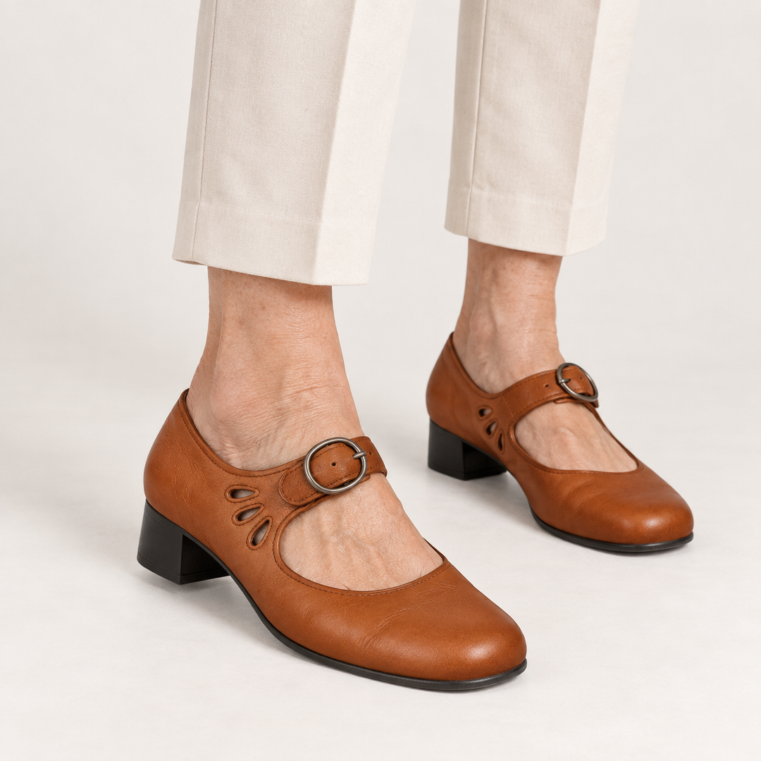 Clara low-cut Mary Jane shoes in Brown worn close-up
